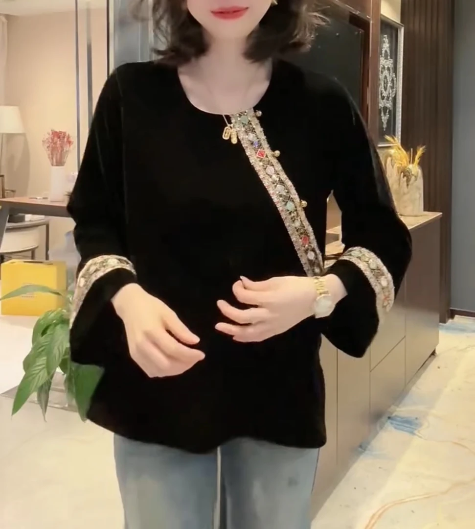 丝绒料韩版国风斜刺绣宽松小衫【实物微色差】