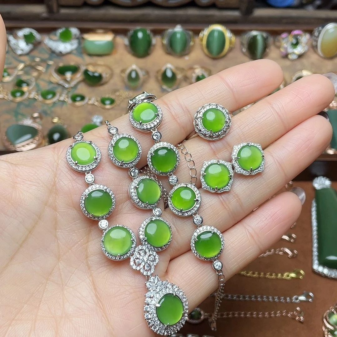 和田玉（碧玉）银S925镶嵌吊坠(不含链)套装