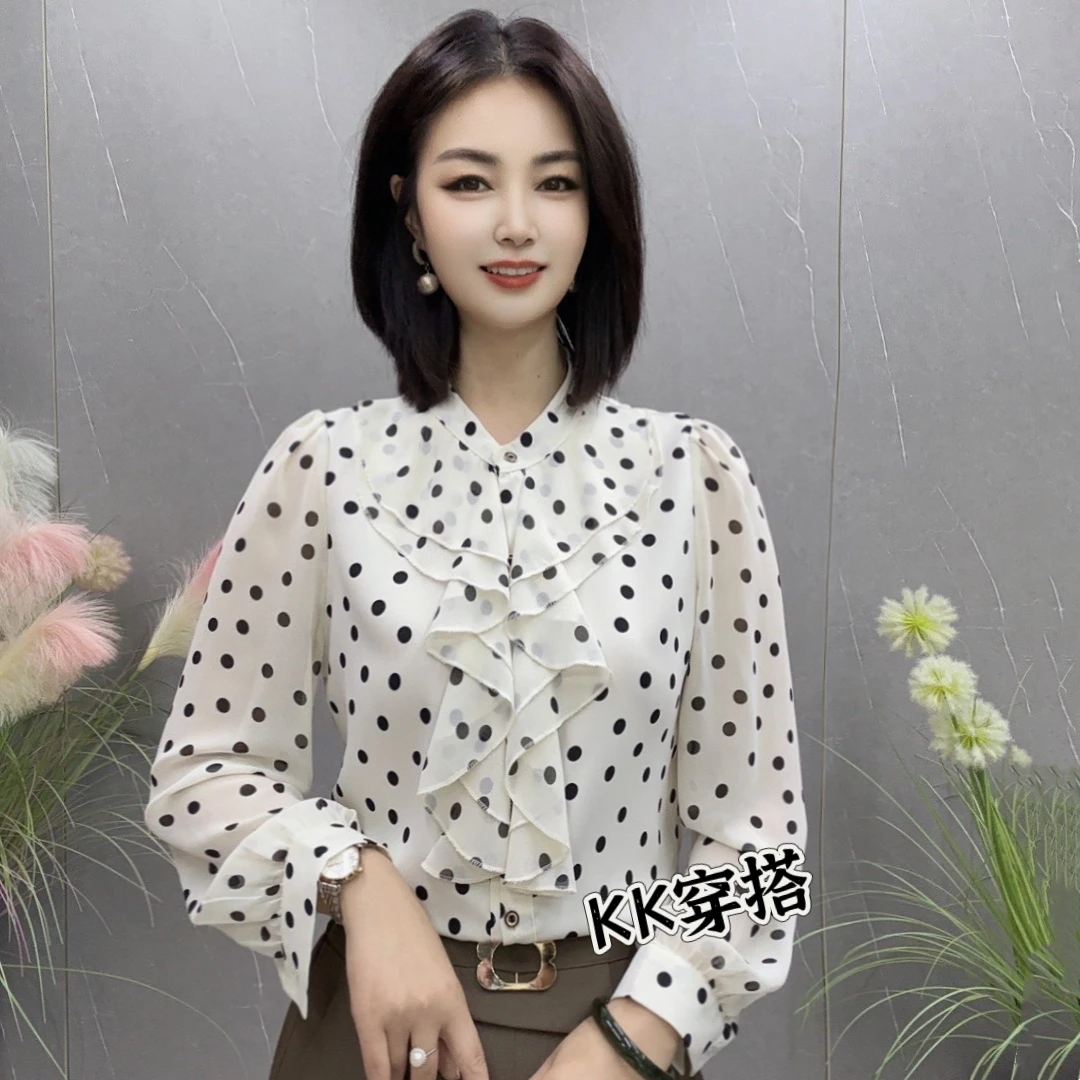 春季上新时尚点点花边领款气质百搭衬衫女士上衣职业气质衬衣