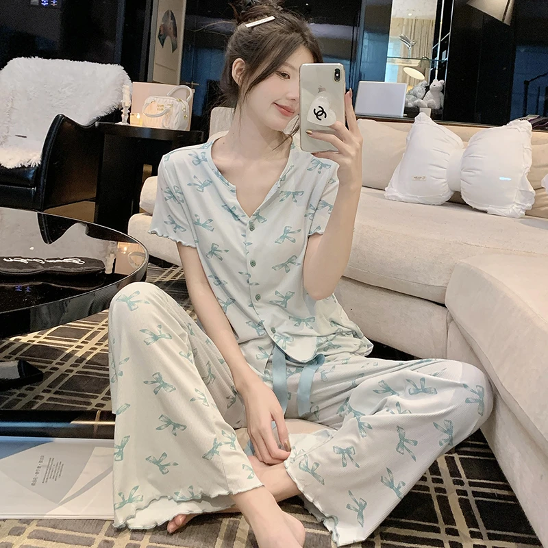 【维多利亚专柜奢品】蝴蝶结睡衣女款夏季2025新款莫代尔短袖长裤