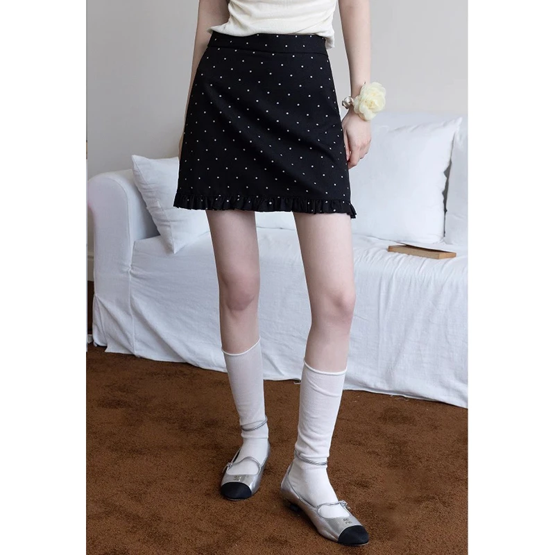 耶古复古波点木耳边半身裙女夏季新款显瘦高腰小个子a字包臀短裙