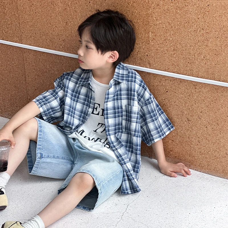儿童夏装男童衬衫2025夏季新款中大童格子衬衣小男孩宽松休闲上衣
