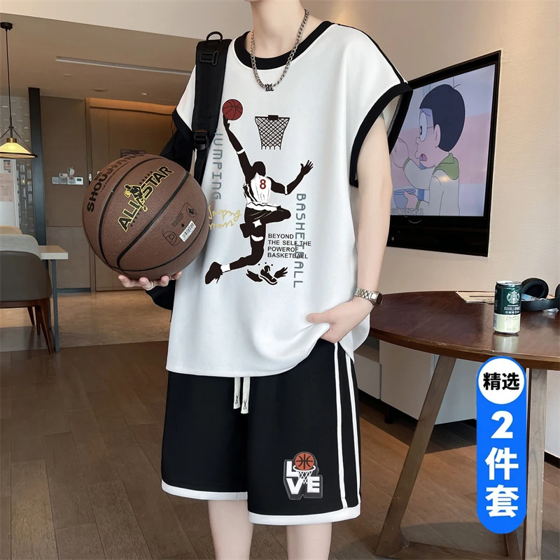 青少年冰丝运动套装男帅气坎肩背心短裤跑步健身训练比赛投篮球服