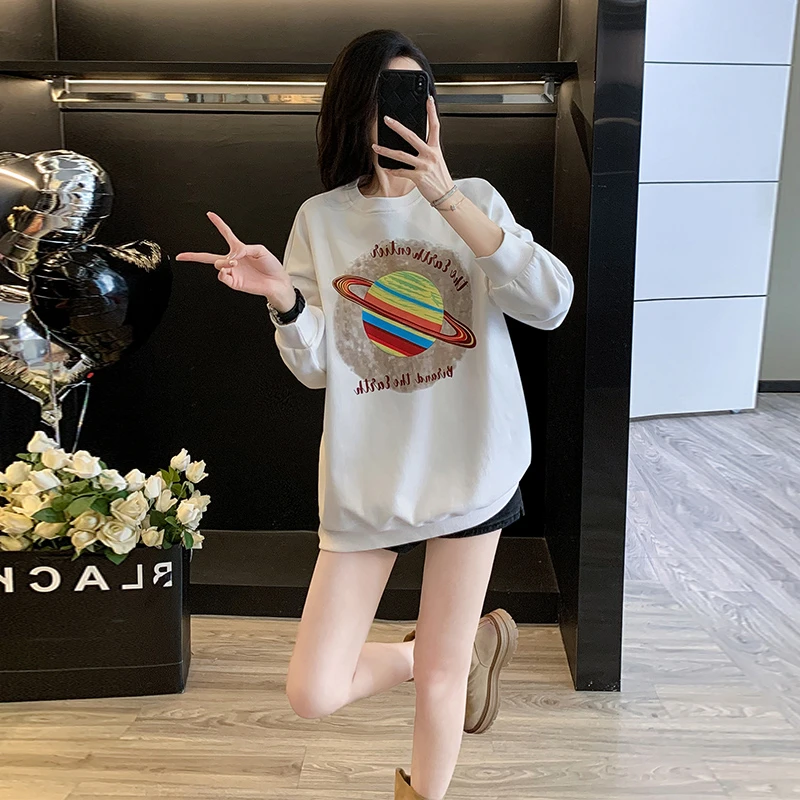 网红时尚炸街新款女装韩版百搭白色时尚设计感宽松圆领卫衣潮