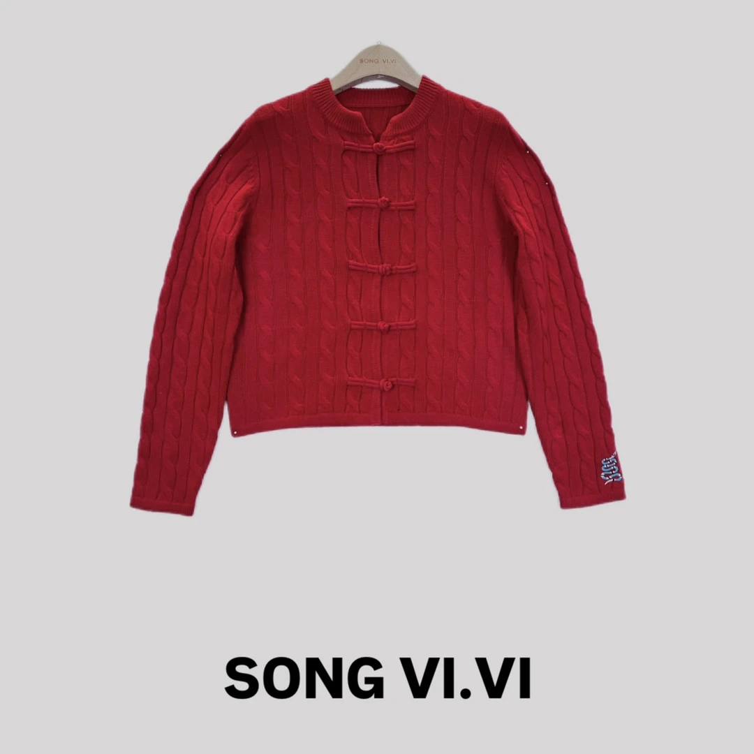 【中式红】毛针织衫常规款女刺绣复古秋冬圆领女装提花长袖立领