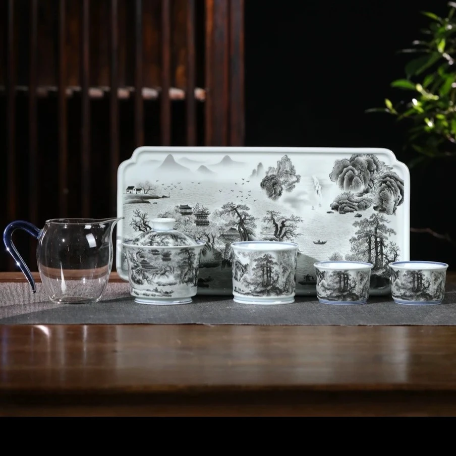 景德镇手工高温陶瓷墨彩春山图茶盘中式功夫茶具家用高端送礼佳品