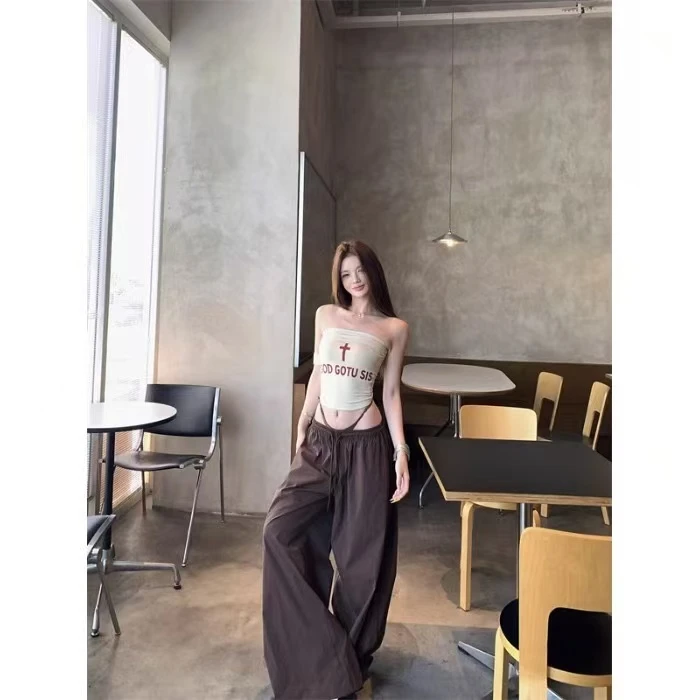 十字架字母印花露背抹胸背心女夏季修身无袖外穿辣妹显瘦内搭上衣