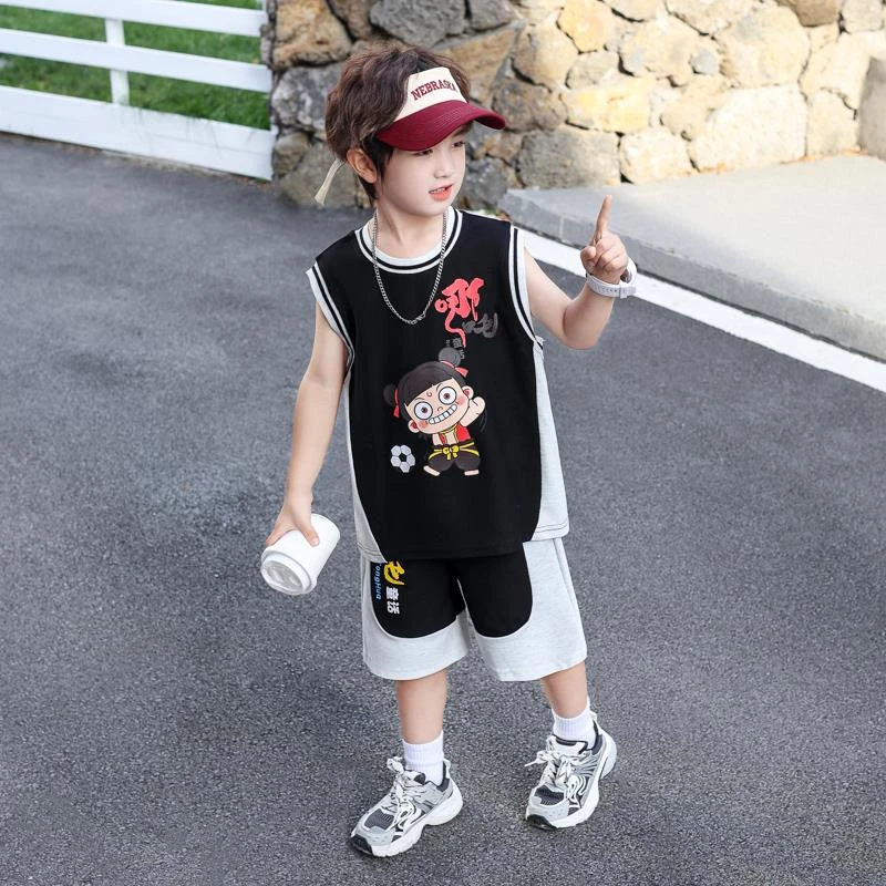 男童运动套装夏季2025新款哪吒儿童服装潮帅气男孩速干篮球服背心