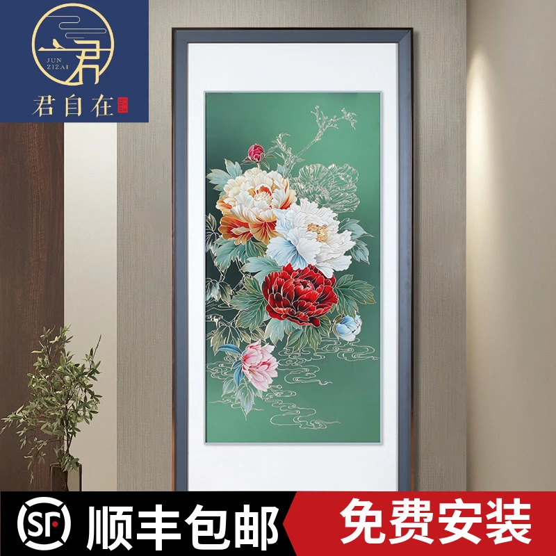 君自在《国色天香》手工铜板铜雕画牡丹高档入户玄关现代简约新中式