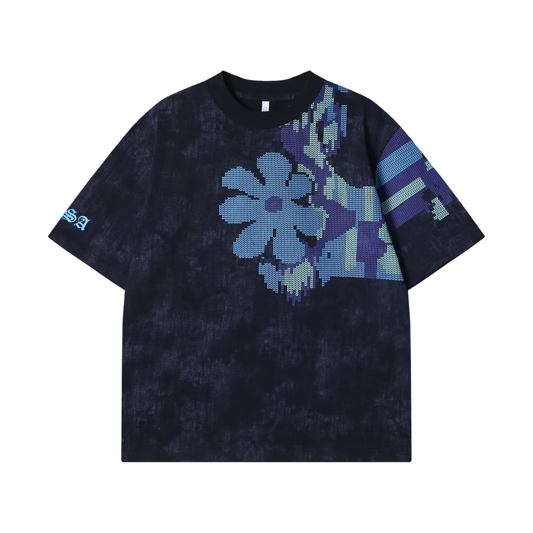 夏季高级感新款韩版撞色花朵印花圆领短袖T恤百搭情侣复古上衣