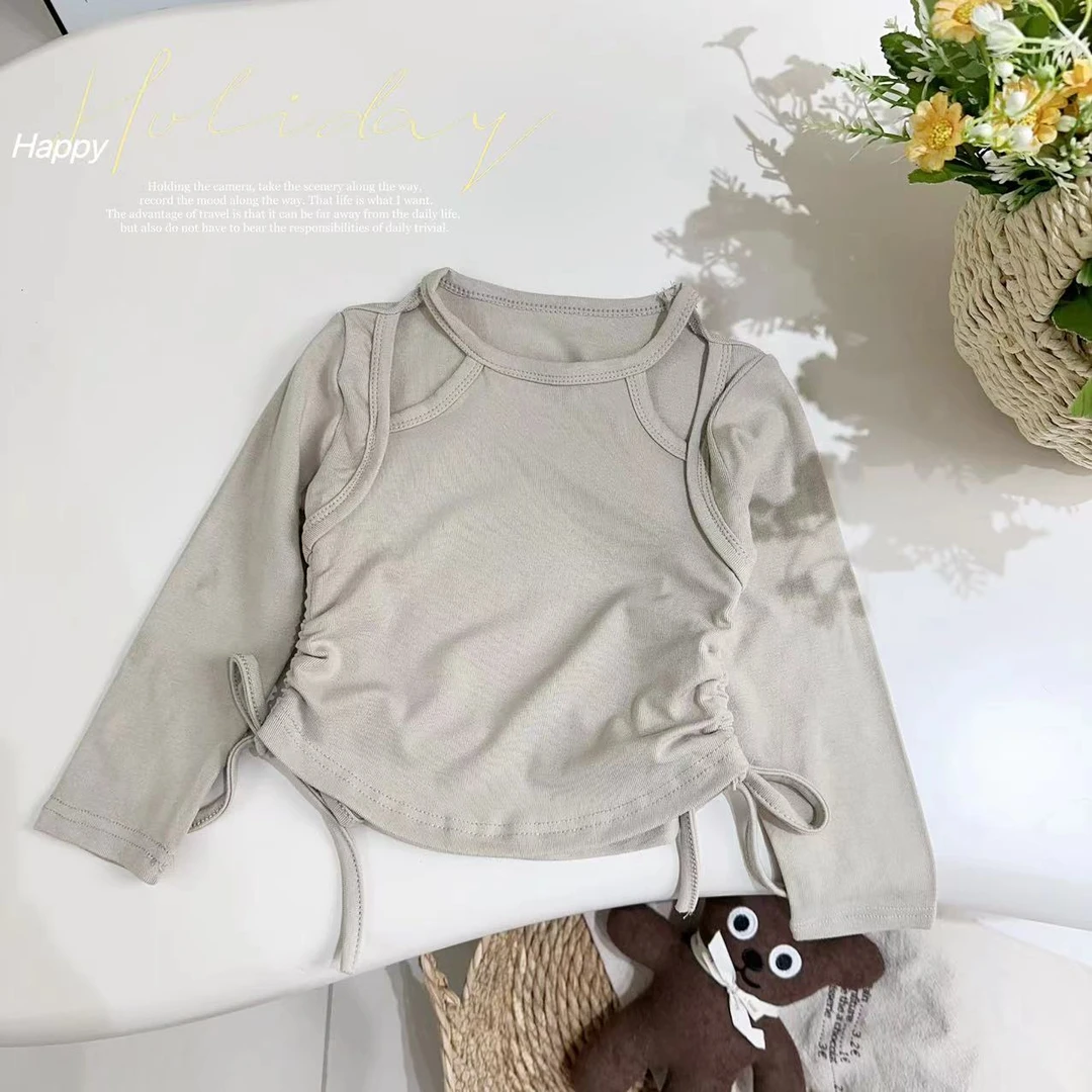 汤圆家童装2025春季新款韩系不规则镂空假两件辣妹T恤 YA-1033