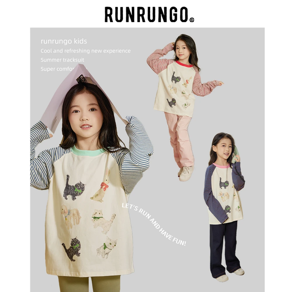 Runrungo【童话镇】儿童插肩拼条纹印花T春秋女童长袖休闲秋季女孩