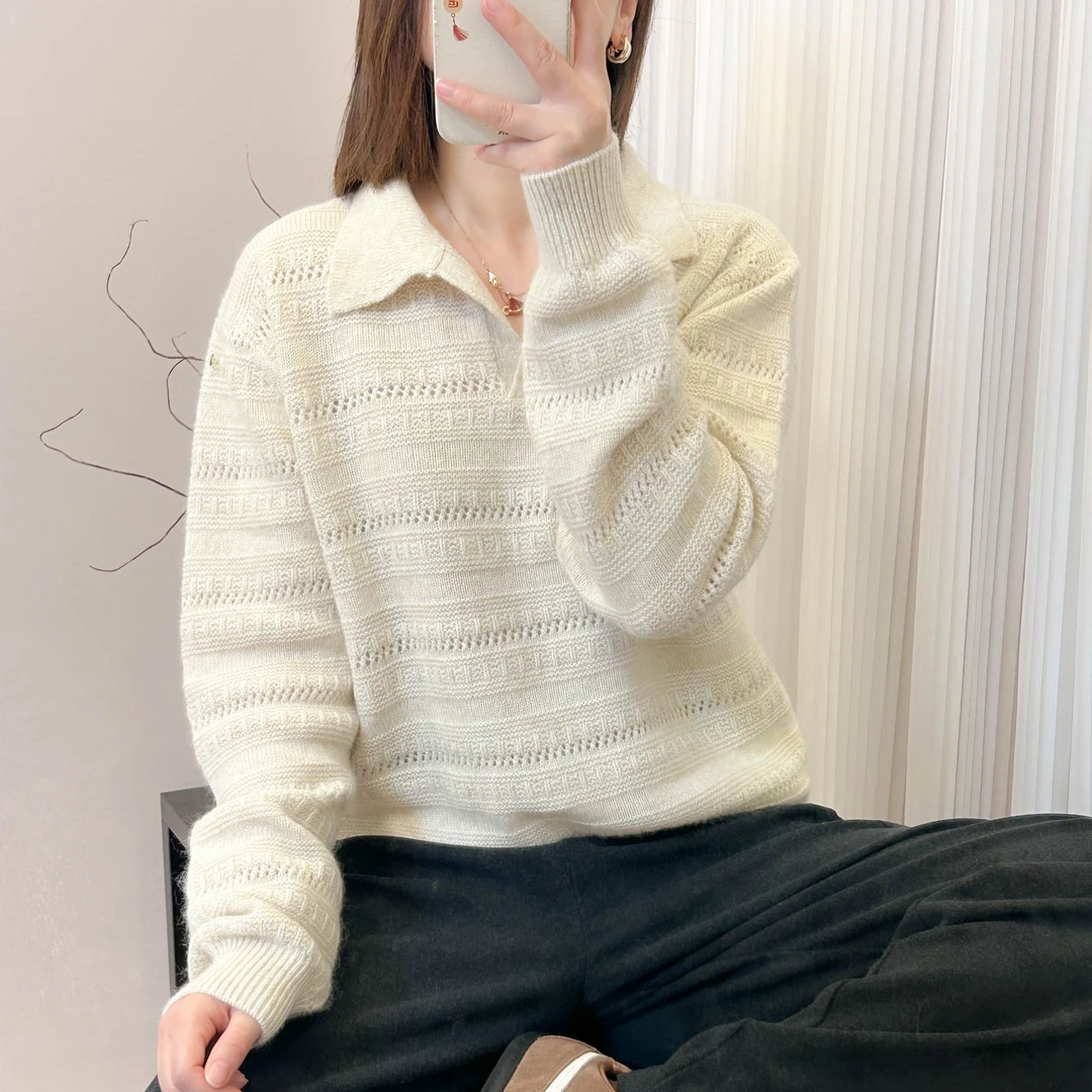 小方领纯色条纹编织镂空翻领针织衫秋冬季新款上衣宽松韩版毛衣女