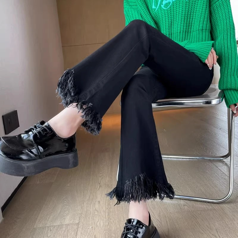 流苏毛边微喇牛仔裤女秋冬2025新款高腰小个子九分显瘦加绒喇叭裤