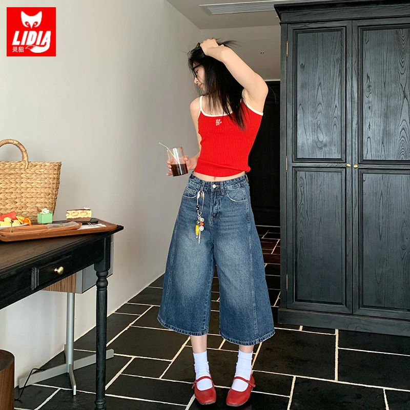 美式复古七分牛仔裤女夏季薄款高腰显瘦宽松小个子做旧直筒中裤