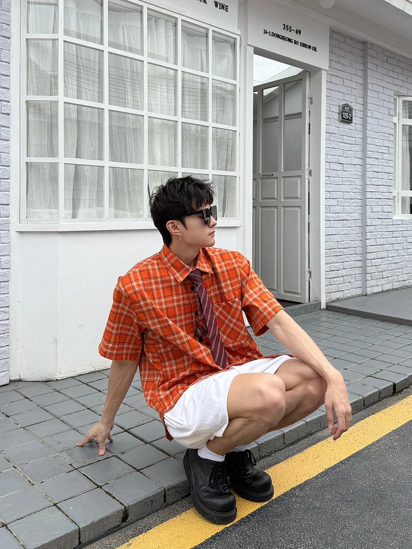 【橘子夏天】Bloom Studio夏季新款格子短袖衬衫男宽松休闲上衣