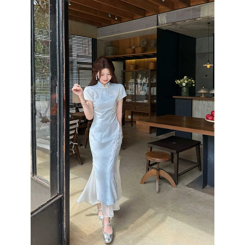 【仙仙竹韵】夏季新款新中式气质修身百搭连衣裙改良旗袍裙天蓝色