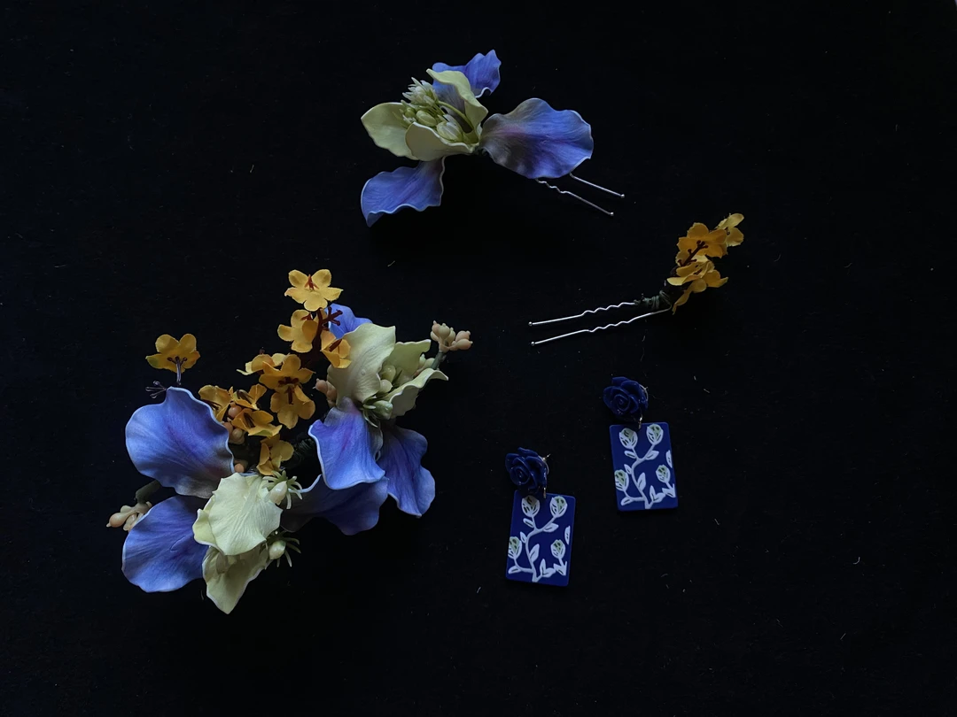 新中式蓝紫色系新娘头饰百搭仿真花发饰F1356