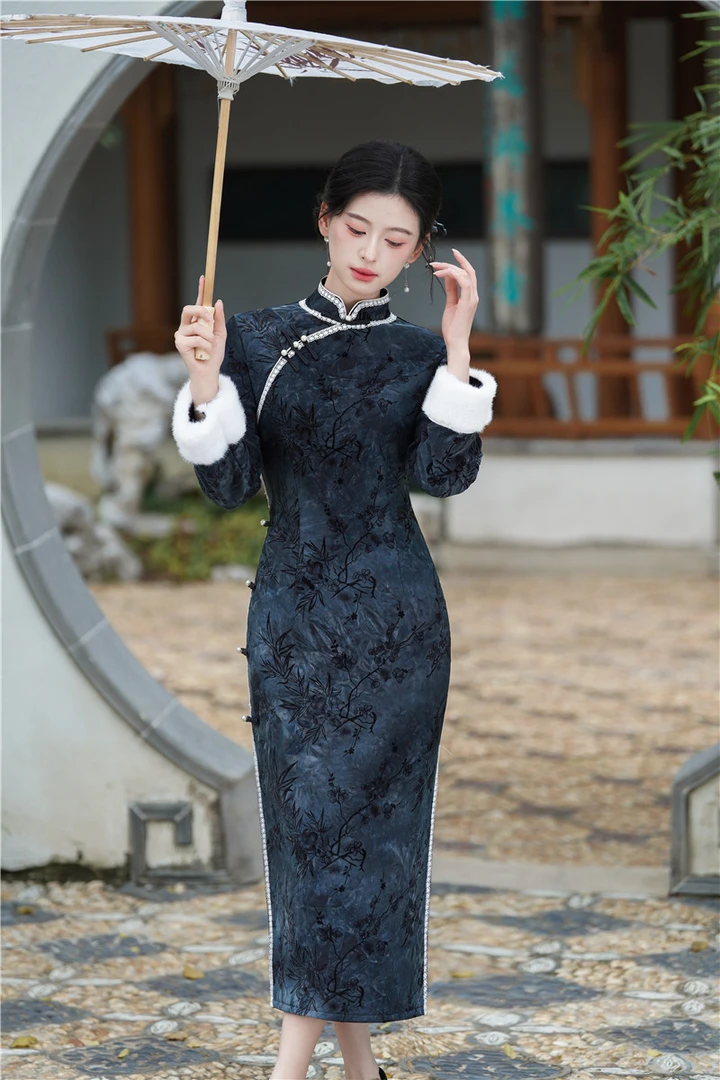 优雅高档长款加绒复古年轻气质新中式改良修身日常连衣裙显瘦旗袍