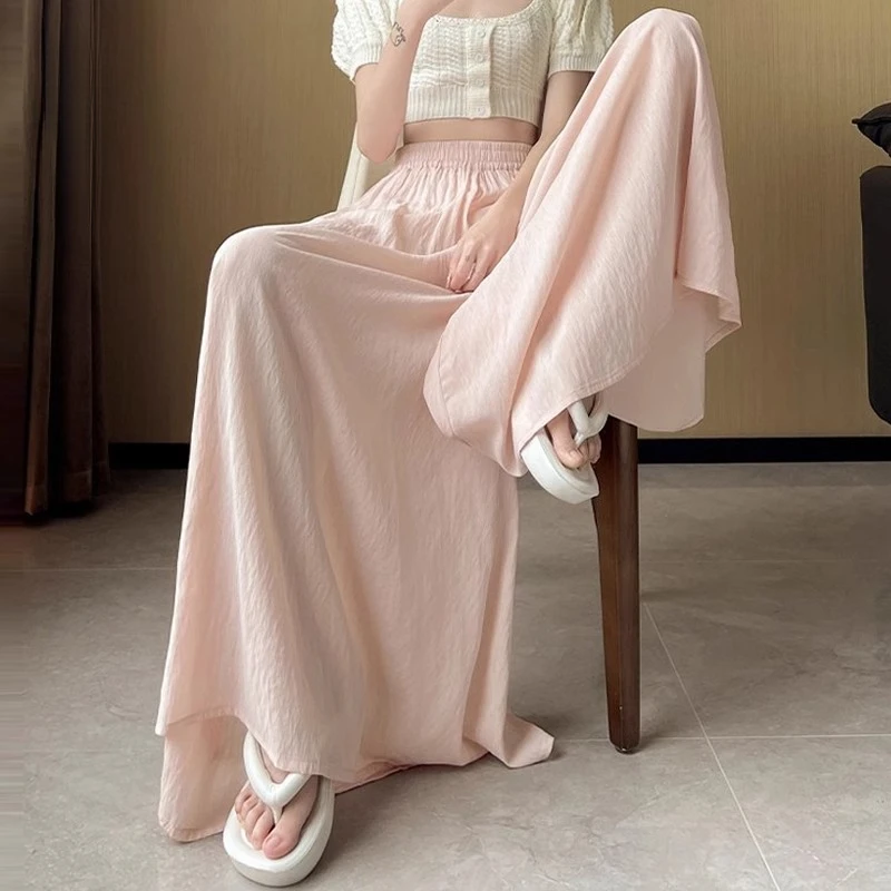 粉色冰丝阔腿裤夏2025棉麻薄款松紧腰宽松拖地裤垂感山本裤裙女