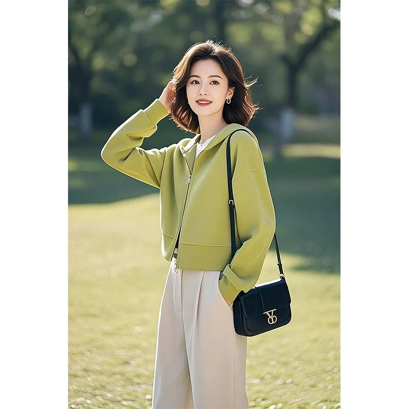 2025春秋新款紫色连帽外套女休闲宽松设计感小众百搭简约短款上衣