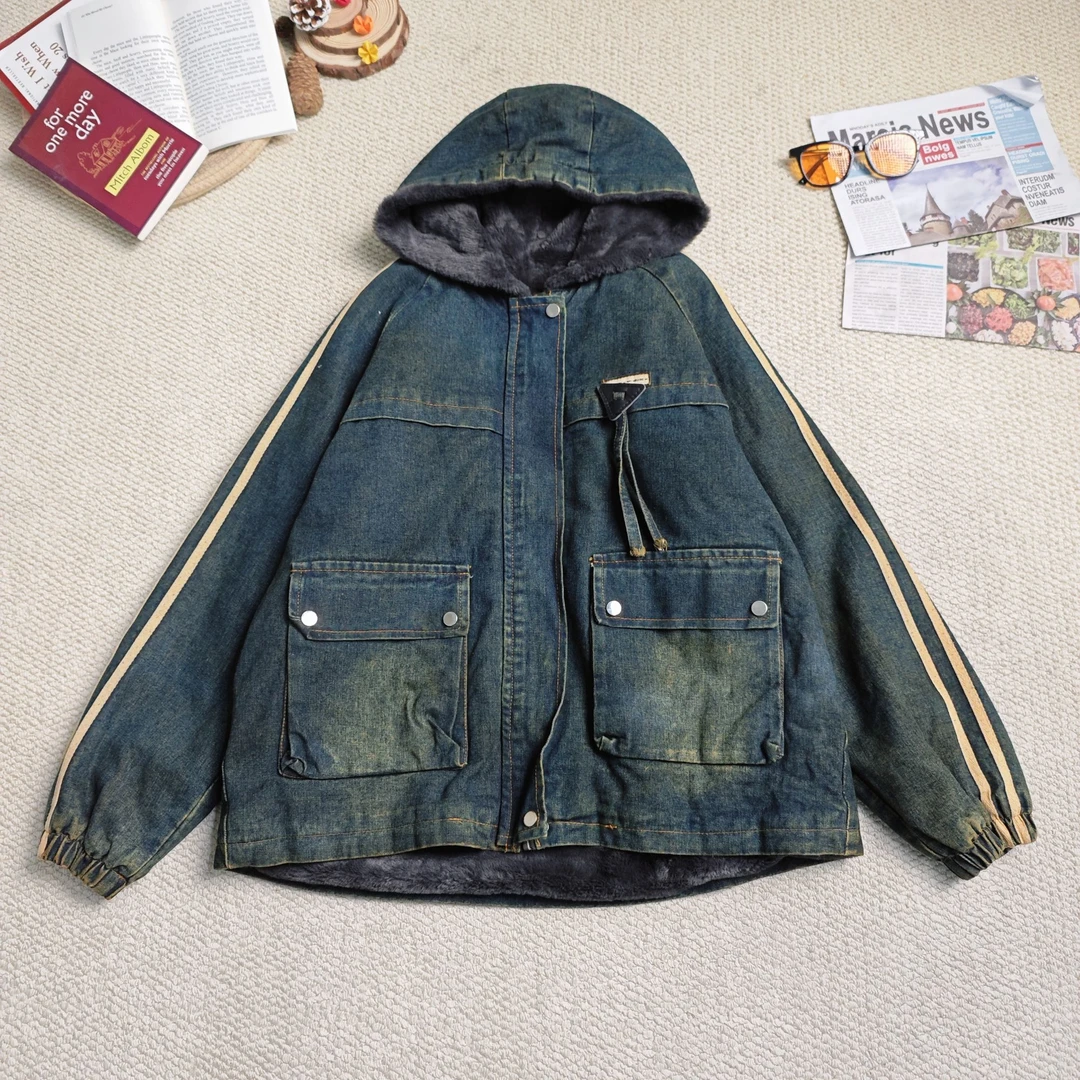 2025早春新款时尚百搭连帽加绒加厚牛仔长袖厚外套9112
