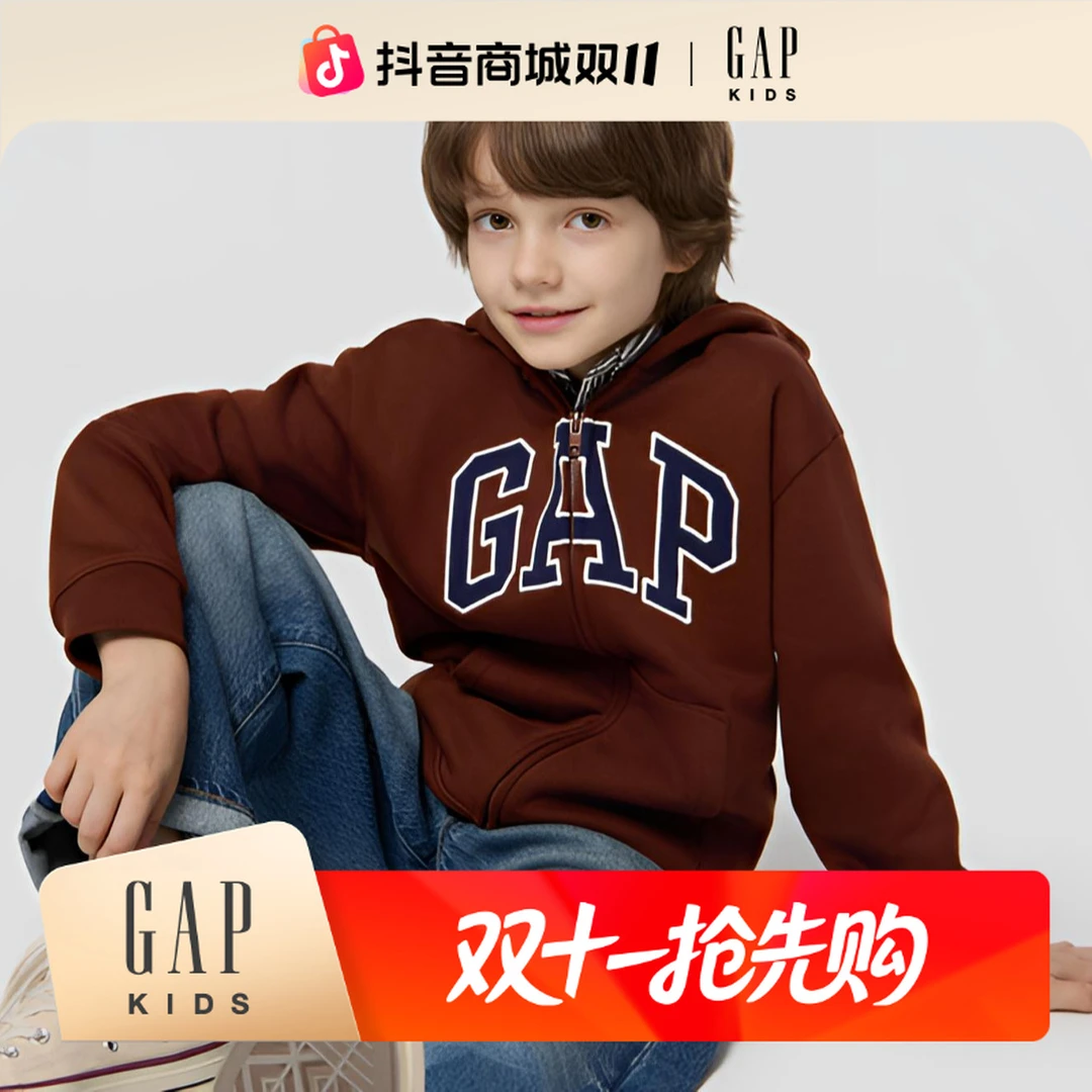 Gap男女童2025秋季新款贴布绣logo抓绒连帽卫衣儿童装外套804633