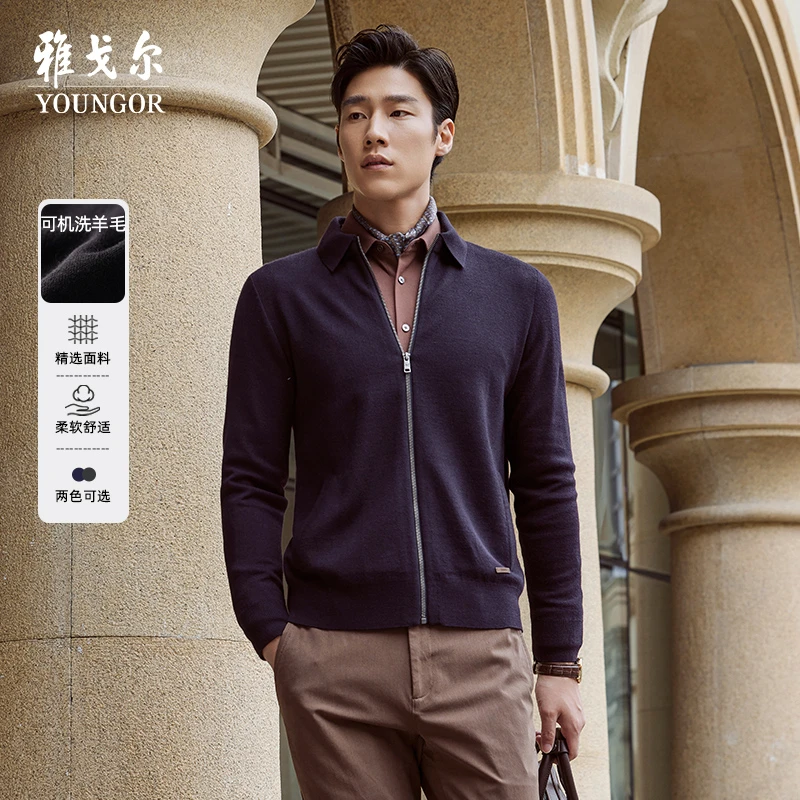 【可机洗绵羊毛夹克】雅戈尔秋冬纯色商务针织翻领毛衫外套619966