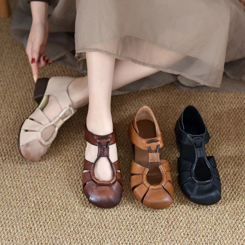 擦色皮中跟复古镂空轻便时装凉鞋软底圆头平底夏季民族风休闲8770