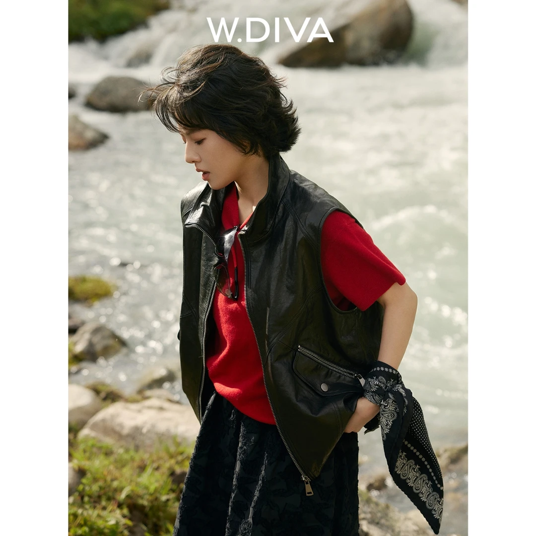 W.Diva【契约】纯种小山羊皮立领机车马甲痞帅炸街风女装53C102608