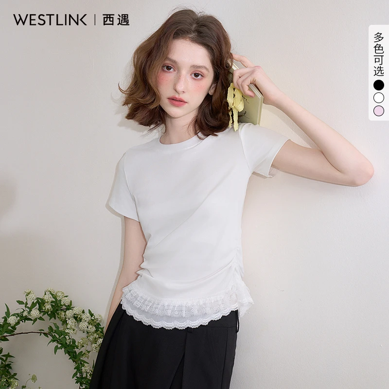 0735西遇圆领短袖t恤女2025年春夏新款短款蕾丝边芭蕾风正肩上衣