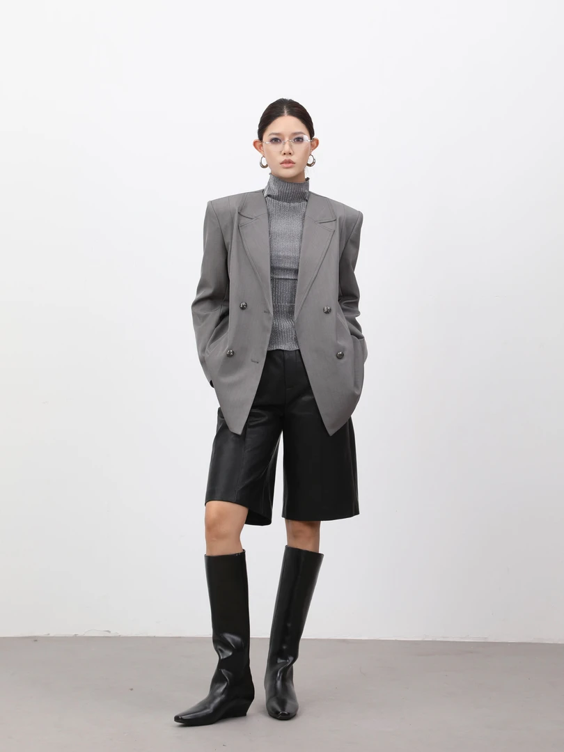 DENGDAHA「灰烬」高级感小众 设计感垫肩双排扣西服外套L973