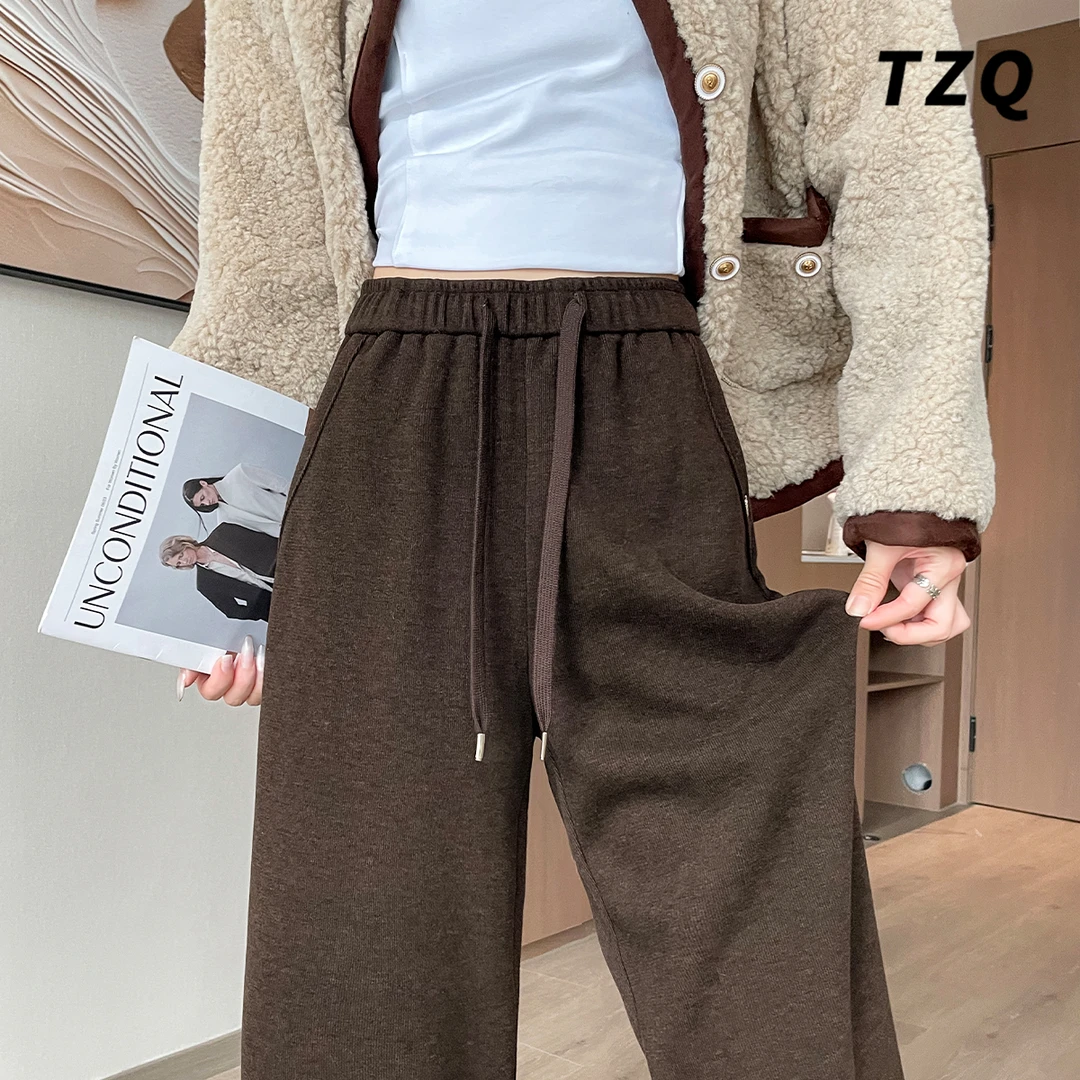 咖色阔腿休闲裤女爆款2025新款秋季加绒高腰宽松显瘦小个子直筒裤