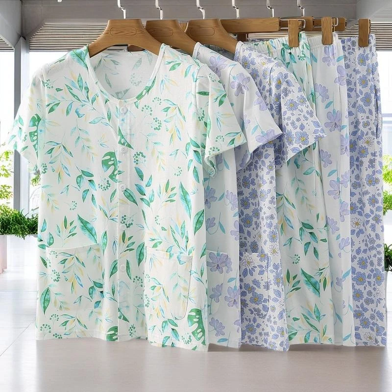 夏季新款中老年半袖七分裤纯棉宽松开衫睡裤妈妈睡衣短袖家居服