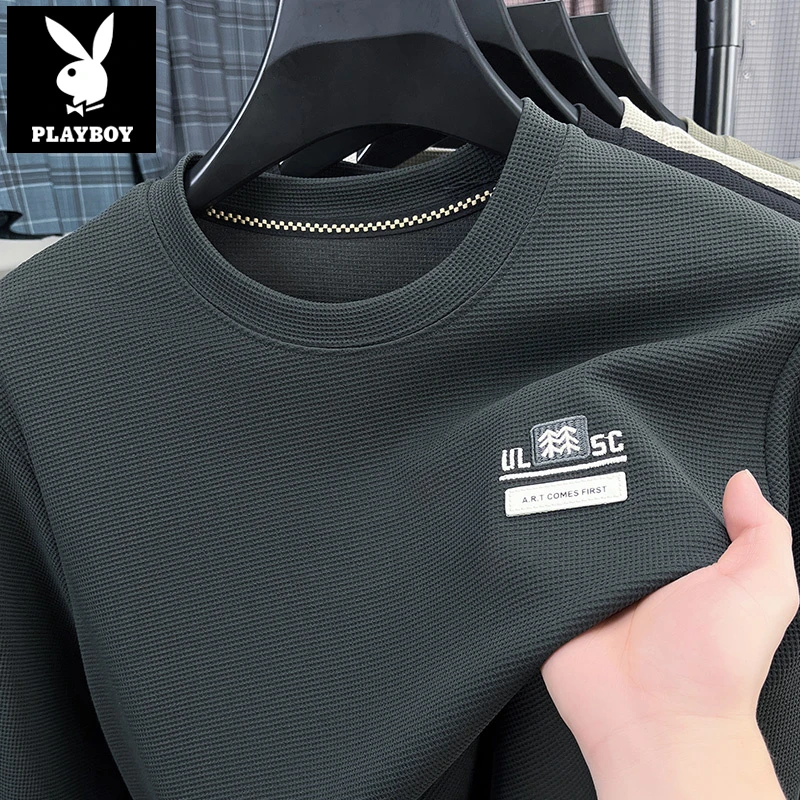 花花公子春秋季圆领纯色卫衣男士运动百搭休闲简约宽松潮长袖T恤