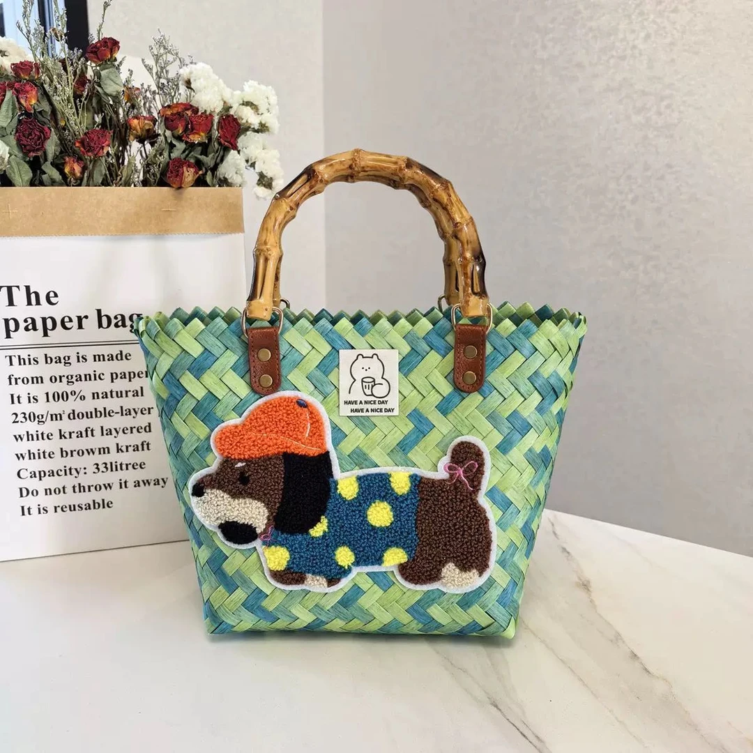 春季新款彩色条纹腊肠狗多色编织托特通勤女士藤编
