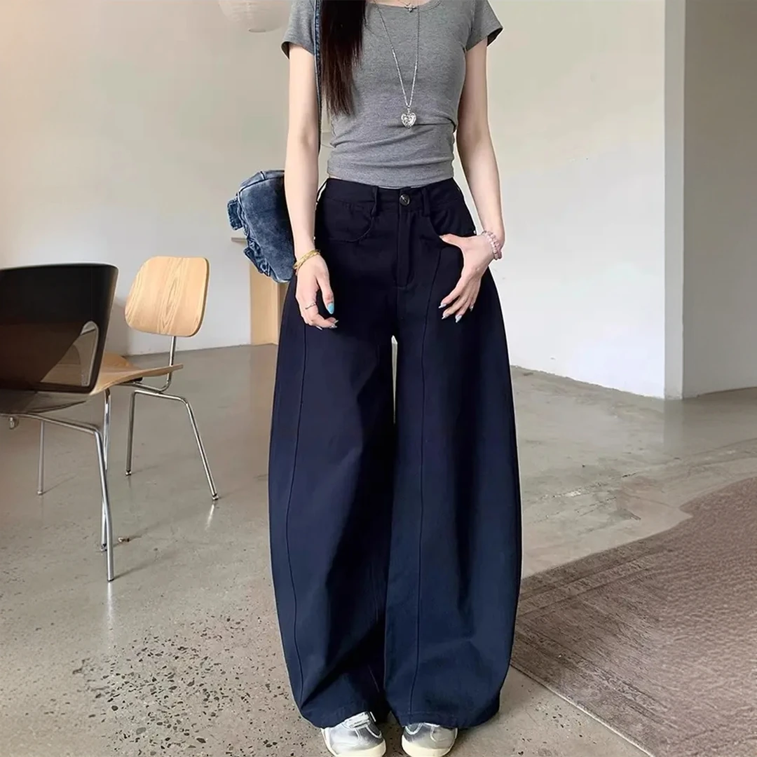 韩系INS弯刀休闲阔腿裤高腰显瘦夏季新款宽松辣酷慵懒风阔腿长裤