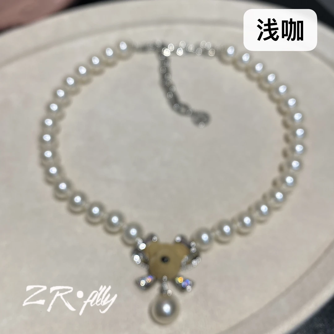 铜合金锆石项链 个性百搭咖色珠珠熊项链7047