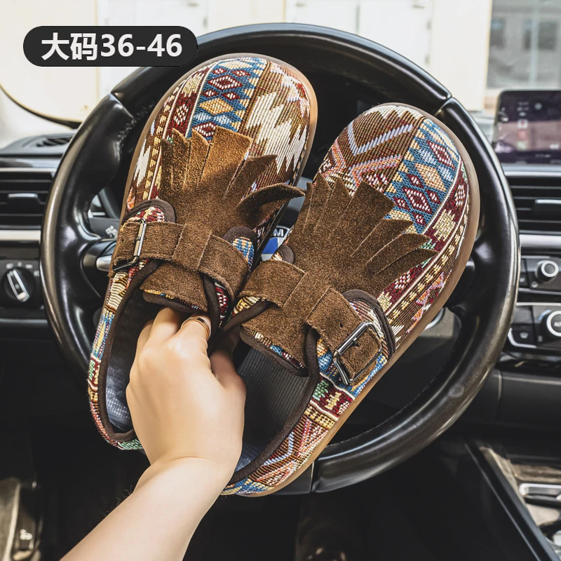 复古丑萌大头鞋男2025新款透气花布鞋男中国风流苏卡扣一脚蹬男鞋