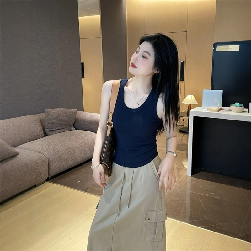 韩系显瘦藏青色U领工字休闲吊带背心夏外穿遮副乳无袖内搭上衣女
