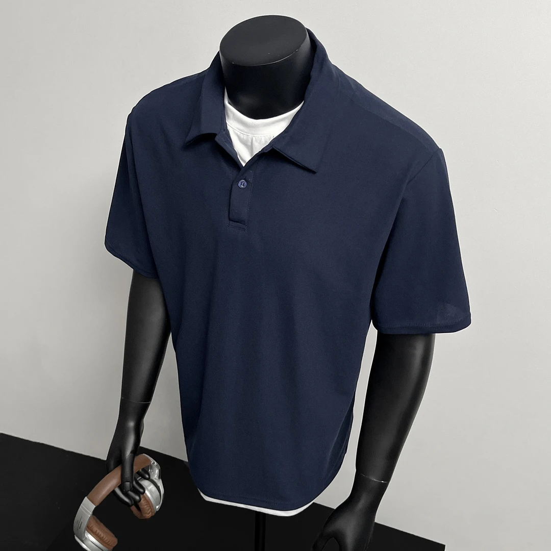 藏青色假两件短袖POLO衫男夏季美式硬汉穿搭t恤cleanfit痞帅半袖
