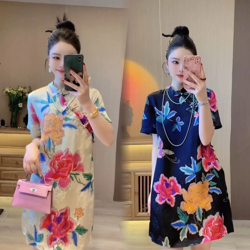 夏季新气质洋气中式国风香云纱提花富贵牡丹花盘扣旗袍裙连衣裙女