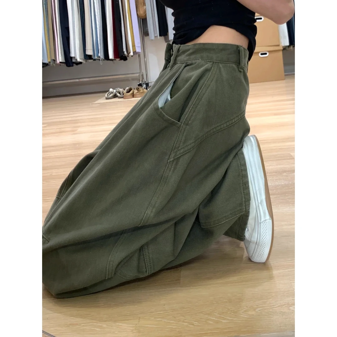梨形学姐ootd工装弯刀裤女大码高腰显瘦军绿色梨形身材宽松阔腿裤