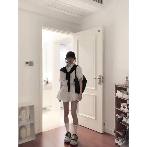 韩系穿搭套装白色polo领衬衫上衣女春夏季新款气质短裙两件套