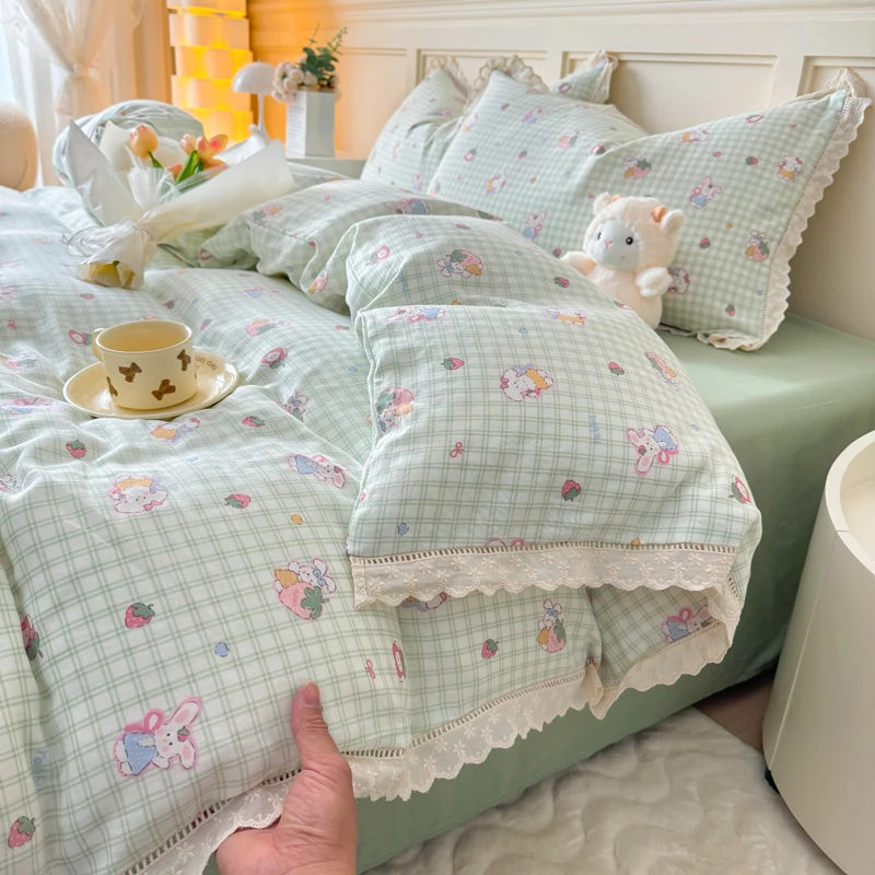 甜心小兔/奶油风A类全棉有氧双层纱纯棉四件套床上用品小清新被套