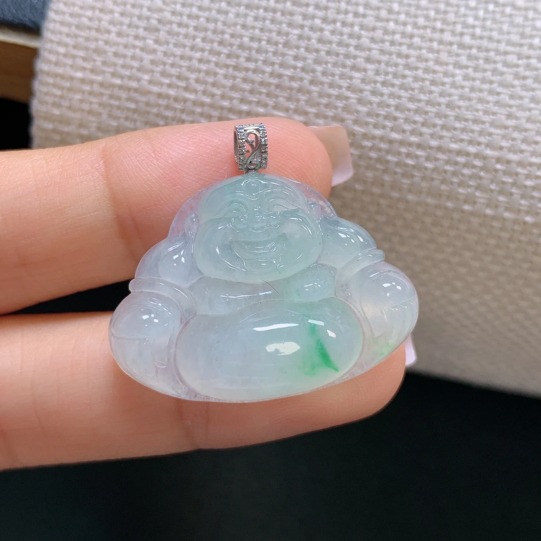 缅甸天然A货翡翠镶嵌18k金冰种飘绿佛公吊坠时尚精美