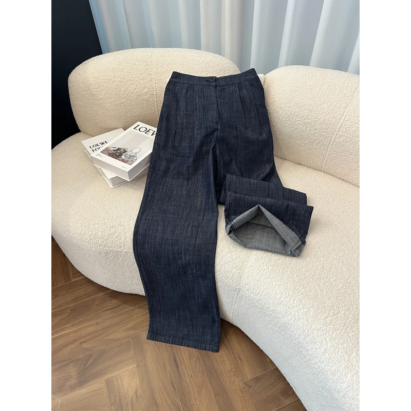 春夏港风深蓝色牛仔阔腿裤显瘦遮肉宽松时尚百搭2503114