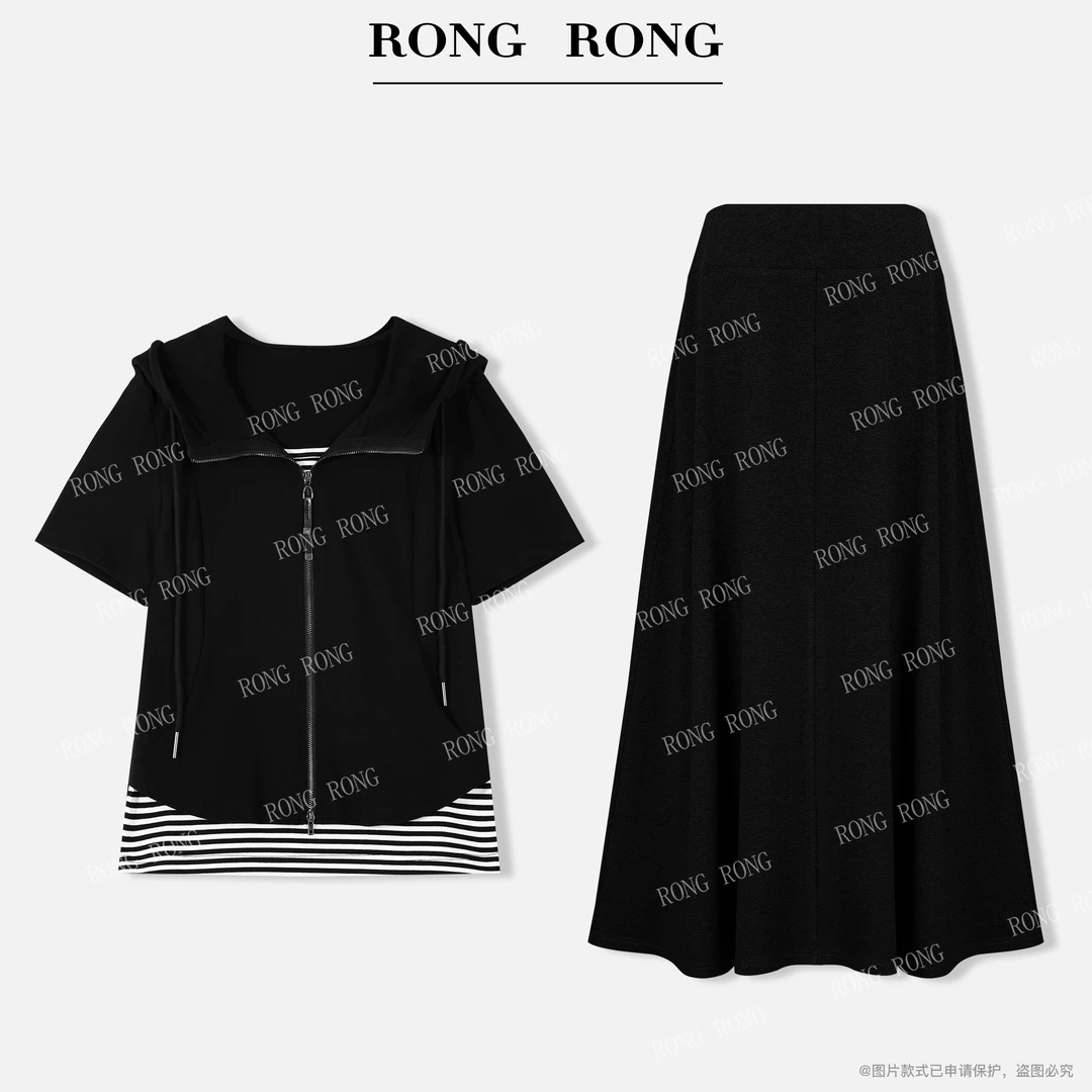 溶溶【随性活力】RONGRONG条纹拼接假两件连帽上衣套装裙F26QT291-1