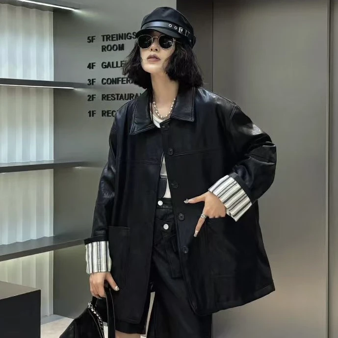 秋冬季新款设计感拼接黑色PU皮外套女巴恩风美式宽松休闲夹克上衣