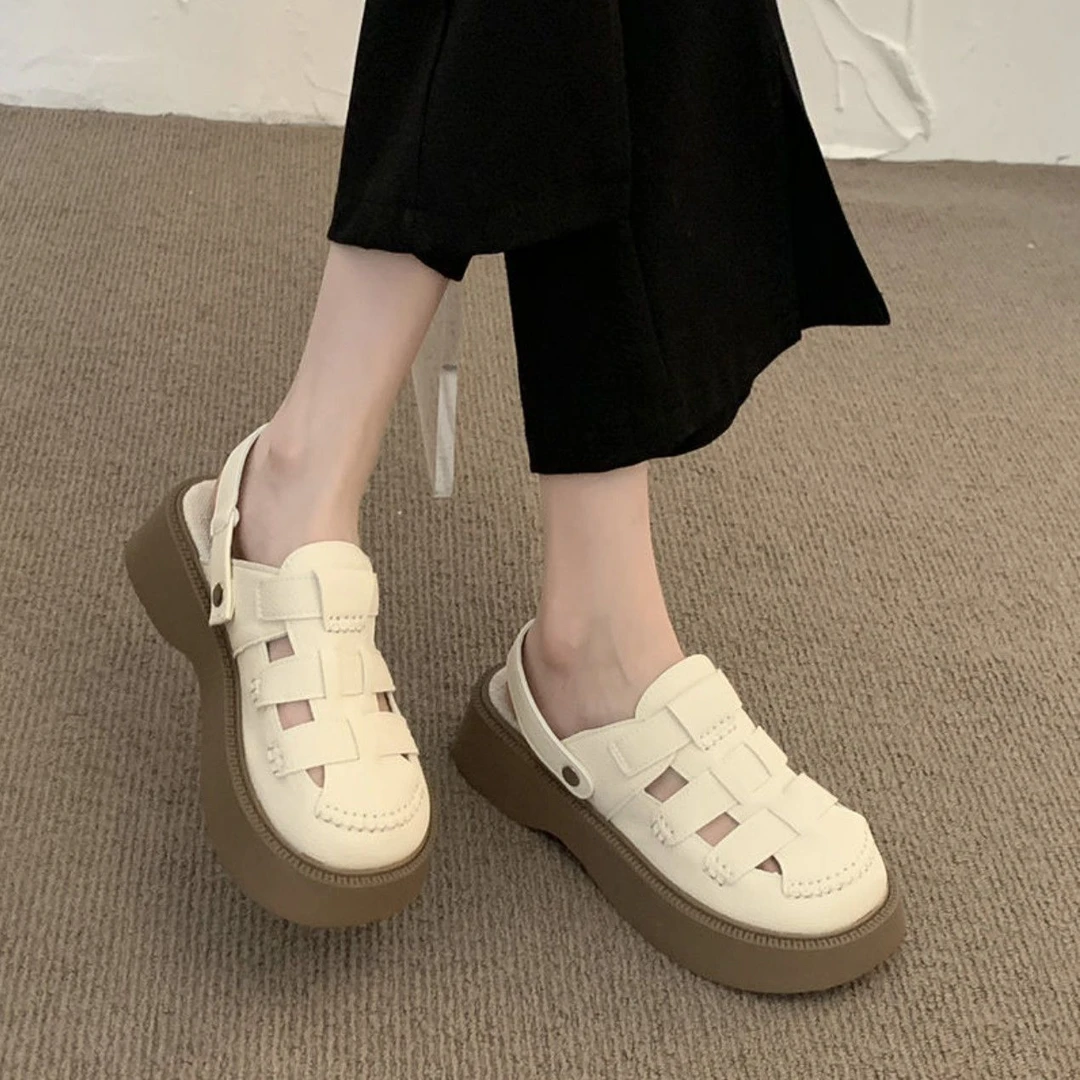 两穿镂空包头凉鞋女2025夏季新款洞洞森系罗马鞋厚底半拖鞋女外穿